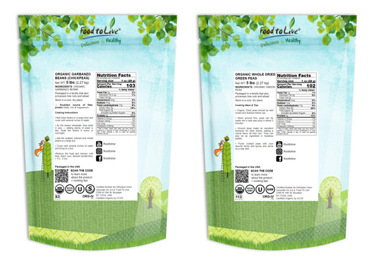 Organic Pulses Bundle, 2 Pack - Organic Chickpeas (5 LB), Organic Whole Green Peas (5 LB) - by Food To Live