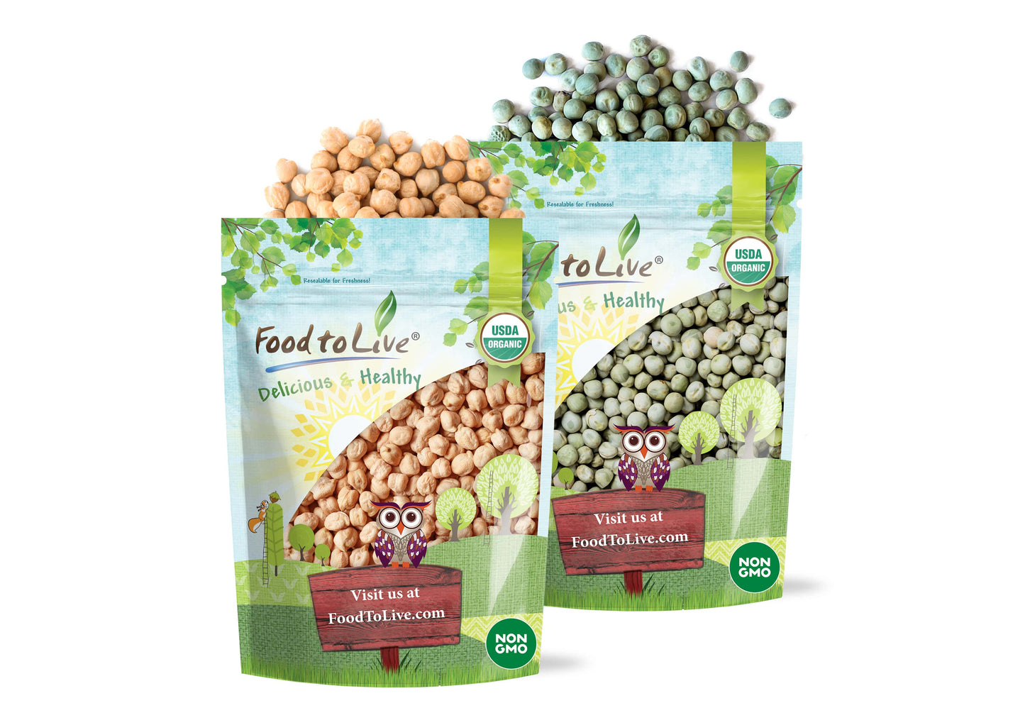Organic Pulses Bundle, 2 Pack - Organic Chickpeas (5 LB), Organic Whole Green Peas (5 LB) - by Food To Live