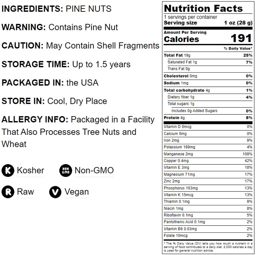 Pine Nuts — Non-GMO Verified, Pignolias, Bulk, Kosher, Raw, Unsalted - by Food to Live