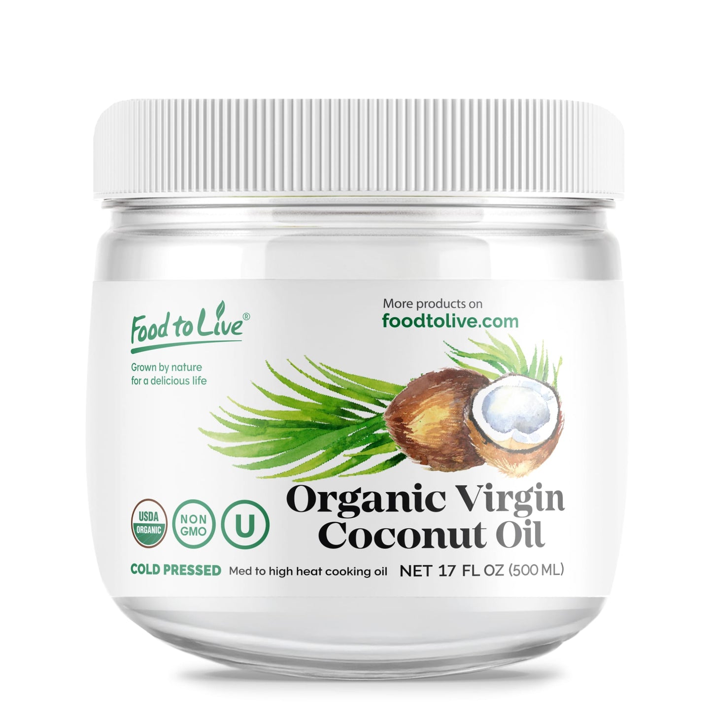 Organic Virgin Coconut Oil, 17 fl oz (500 ml) - Non-GMO, Raw, Pure, Cold-Pressed, Unrefined, Vegan, Bulk, Great for Hair, Skin and Cooking