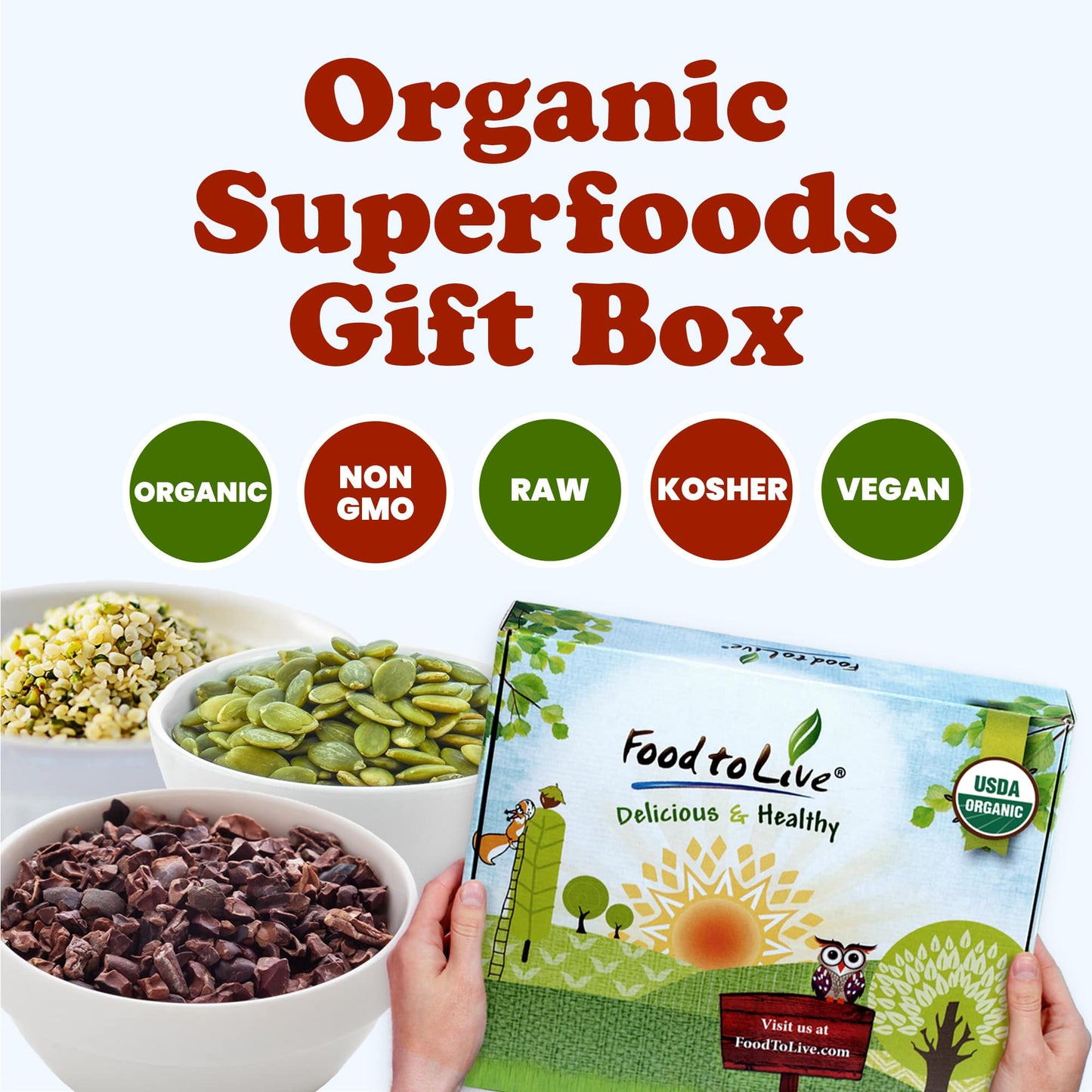 Organic Superfoods in a Gift Box - A Variety Pack of Pumpkin Seeds, Hemp Seeds, Chia Seeds, Golden Flax Seeds, Cacao Nibs - by Food to Live