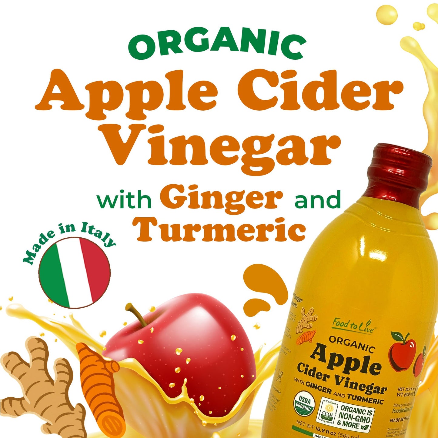 Organic Apple Cider Vinegar with Ginger and Turmeric - 16.9 fl oz (500 ml) - by Food To Live