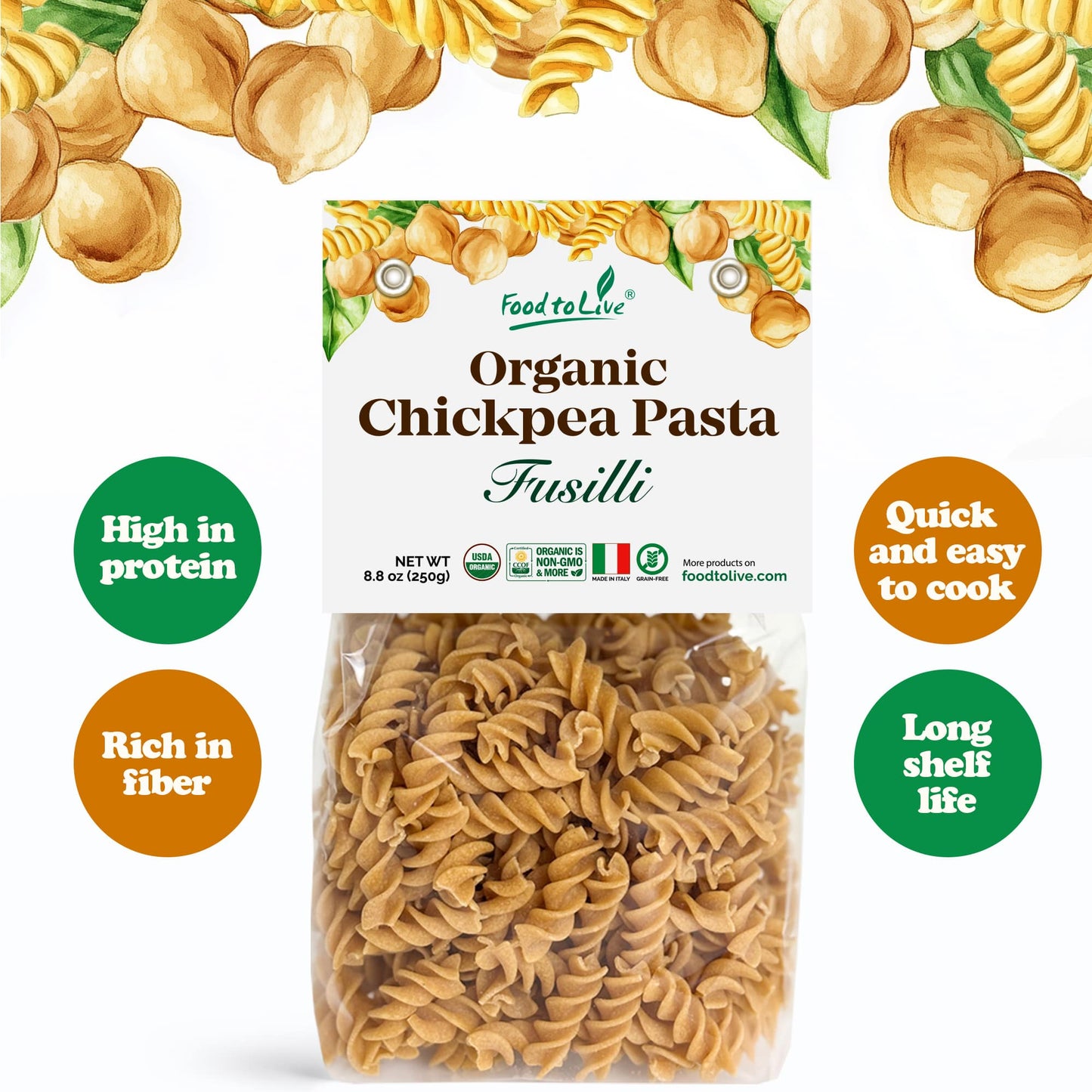 Organic Chickpea Fusilli Pasta, 8.8 oz – Non-GMO, Single Ingredient. No Additives. No Major Allergens. Good Source of Plant Based Protein and Fiber. Kosher. Vegan. Low Glycemic Index. Made in Italy