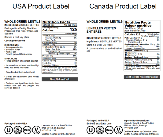 Green Lentil Whole — Non-GMO Verified, Kosher, Bulk - by Food to Live