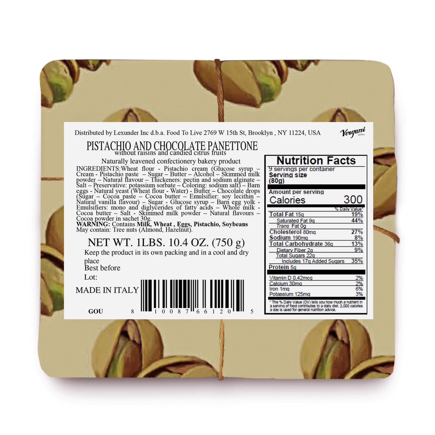 Vergani Pistachio and Chocolate Panettone - 750 g (1.65 lb)