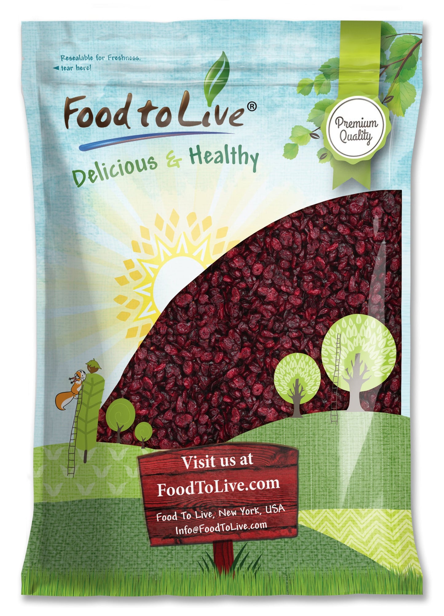 Dried Cranberries — Raw, Kosher, Vegan, Lightly Sweetened and Coated with Sunflower Oil, Unsulfured, Bulk - by Food to Live
