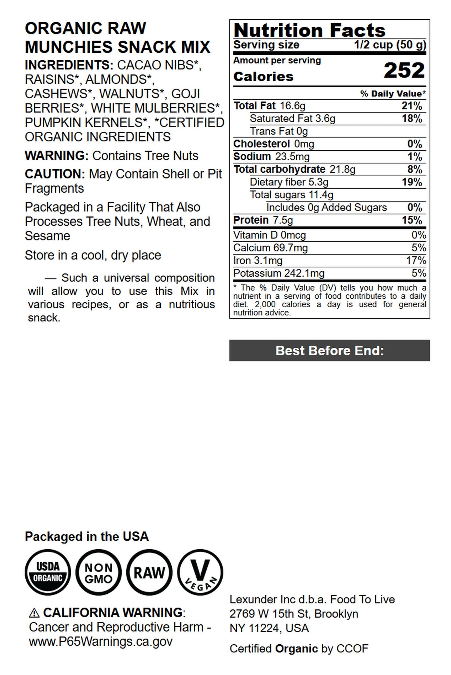 Organic Raw Munchies Snack Mix — Non-GMO,.Cacao Nibs, Raisins, Almonds, Cashews, Walnuts, Goji Berries, Mulberries, Pumpkin Seeds. Kosher