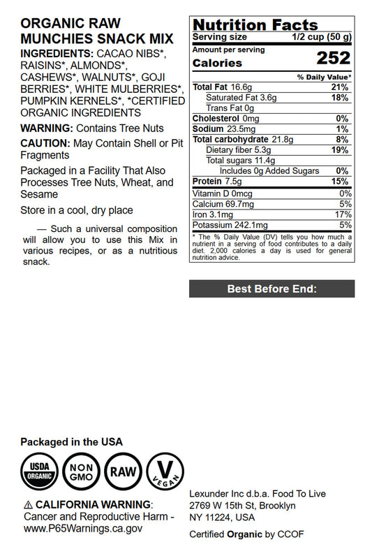 Organic Raw Munchies Snack Mix — Non-GMO,.Cacao Nibs, Raisins, Almonds, Cashews, Walnuts, Goji Berries, Mulberries, Pumpkin Seeds. Kosher
