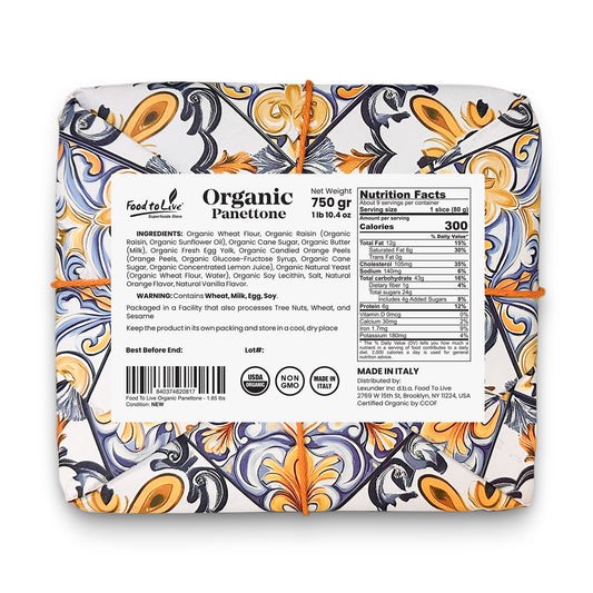 Food to Live Organic Italian Panettone - Authentic Artisan-Made, Traditional Holiday Cake with Raisins and Candied Orange Peel - Perfect for Gifts - Hand-wrapped - Non-GMO - 750g (1.65 lb)