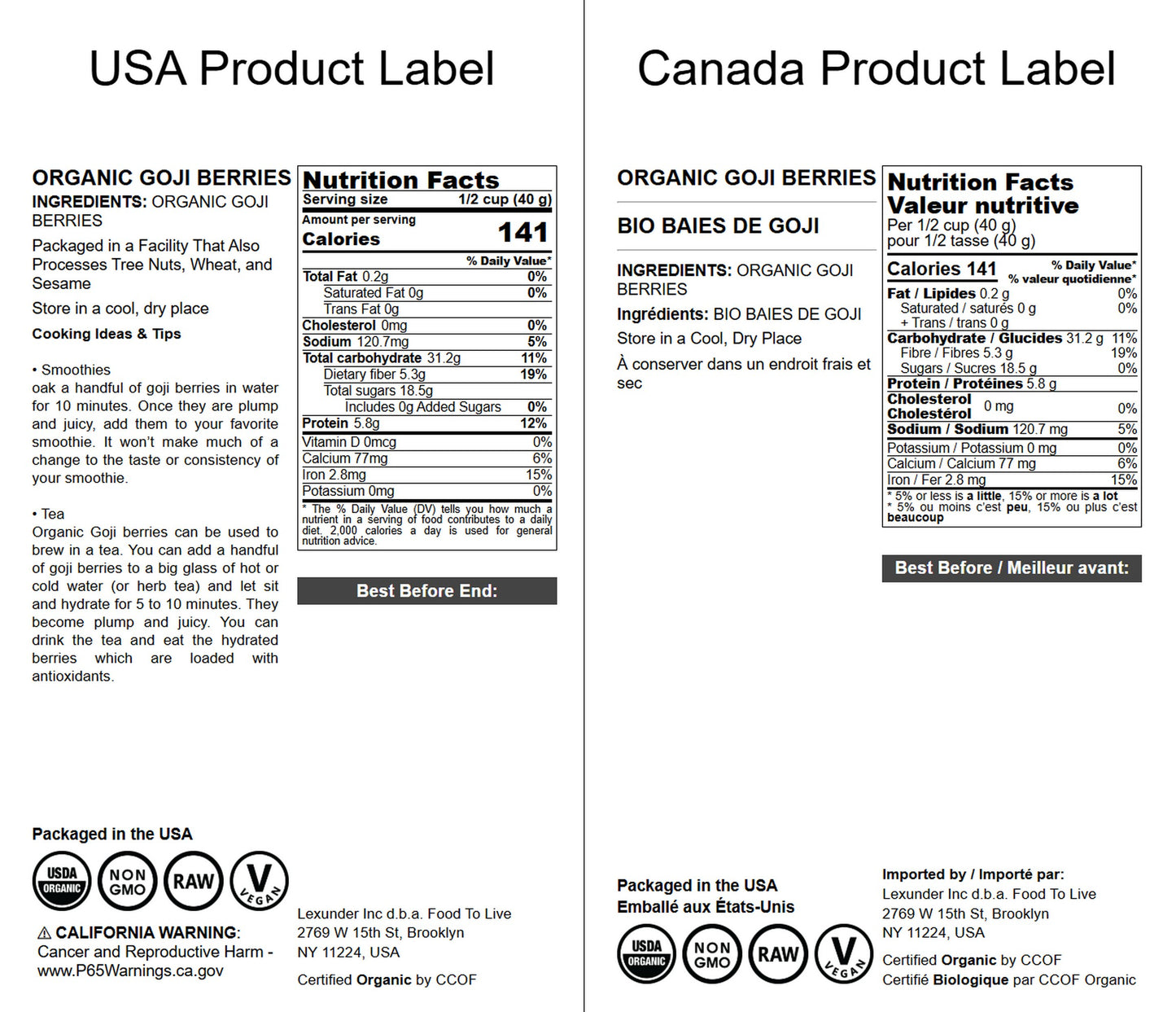 Organic Goji Berries - Sun Dried, Large and Juicy, Non-GMO, Raw, Vegan, Sirtfood, Bulk - by Food to Live