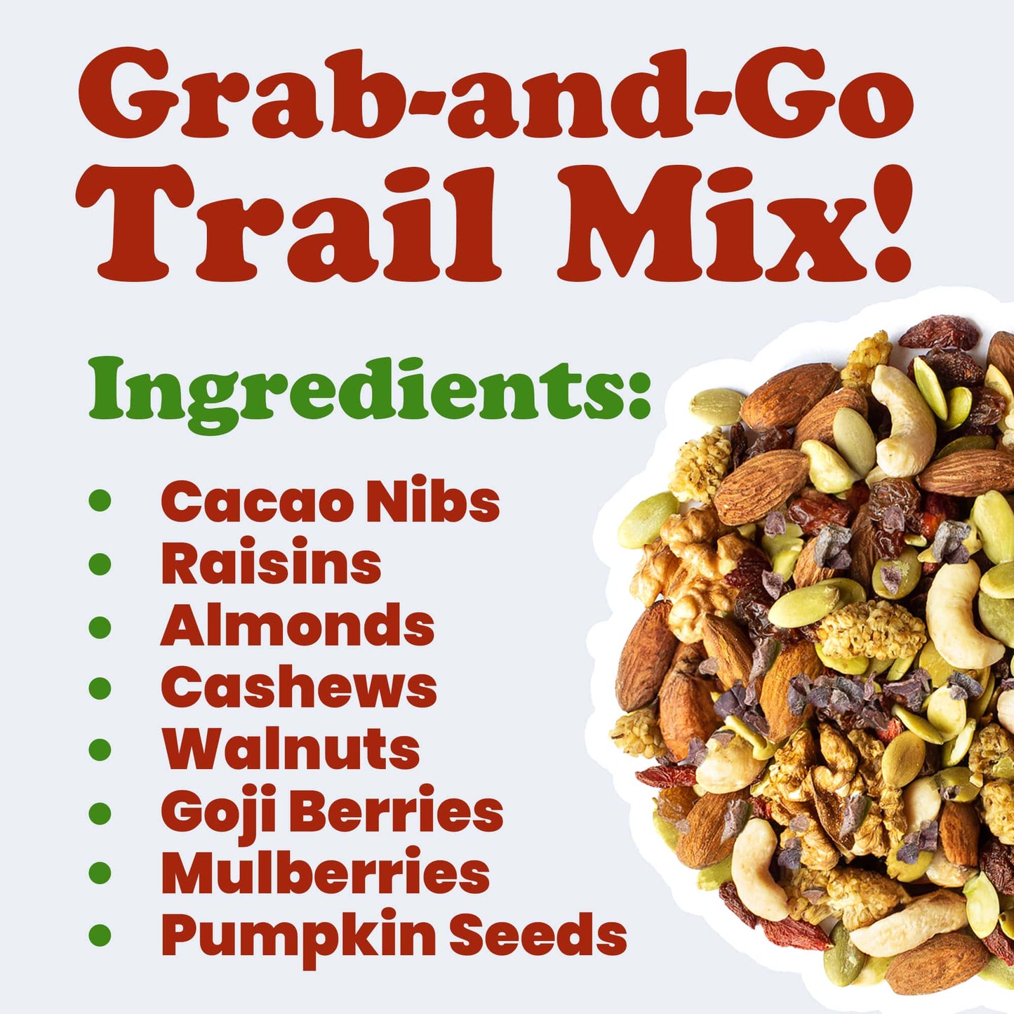 Organic Raw Munchies Snack Mix — Non-GMO,.Cacao Nibs, Raisins, Almonds, Cashews, Walnuts, Goji Berries, Mulberries, Pumpkin Seeds. Kosher