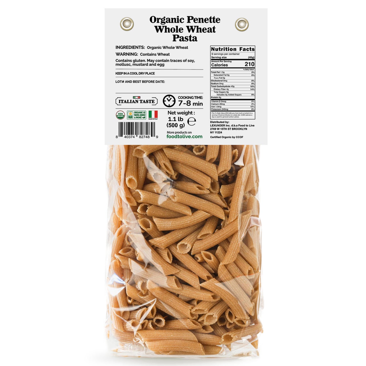 Organic Pennette Whole Wheat Pasta – Made in Italy