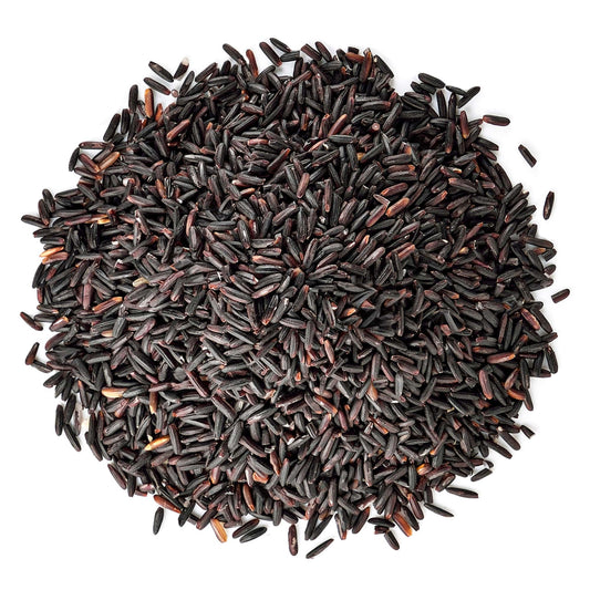 Organic Black Rice — Whole Grain Non-GMO Rice. Nutty and Sweet Flavor. Rich in Antioxidants and Dietary Fiber. Great for Stir-Fries, Salads, and Pudding. Kosher, Vegan, Bulk