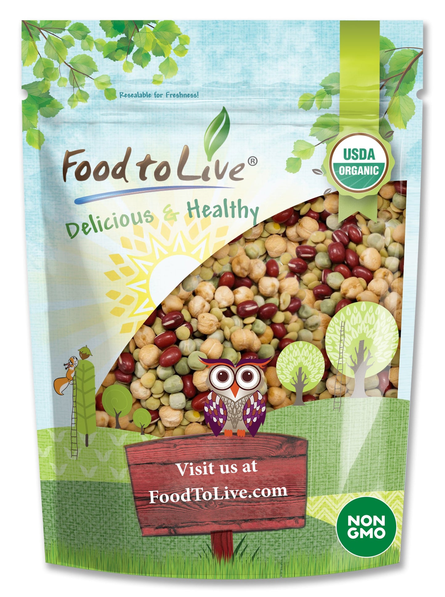 Organic Crunchy Mix of Sprouting Beans - Non-GMO, Kosher, Vegan, Raw, Dried, Bulk - Green Peas, Adzuki, Lentil, Garbanzo - by Food to Live