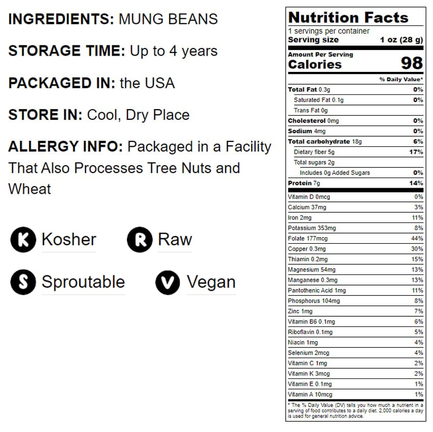 Mung Beans — Whole, Dried, Raw Moong, Kosher, Vegan, Sirtfood, Bulk Green Gram, Low Sodium, Good Source of Dietary Fiber, Protein, Folate, Copper, and Iron. Great for Cooking