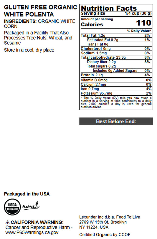 Gluten Free Organic White Polenta - by Food To Live