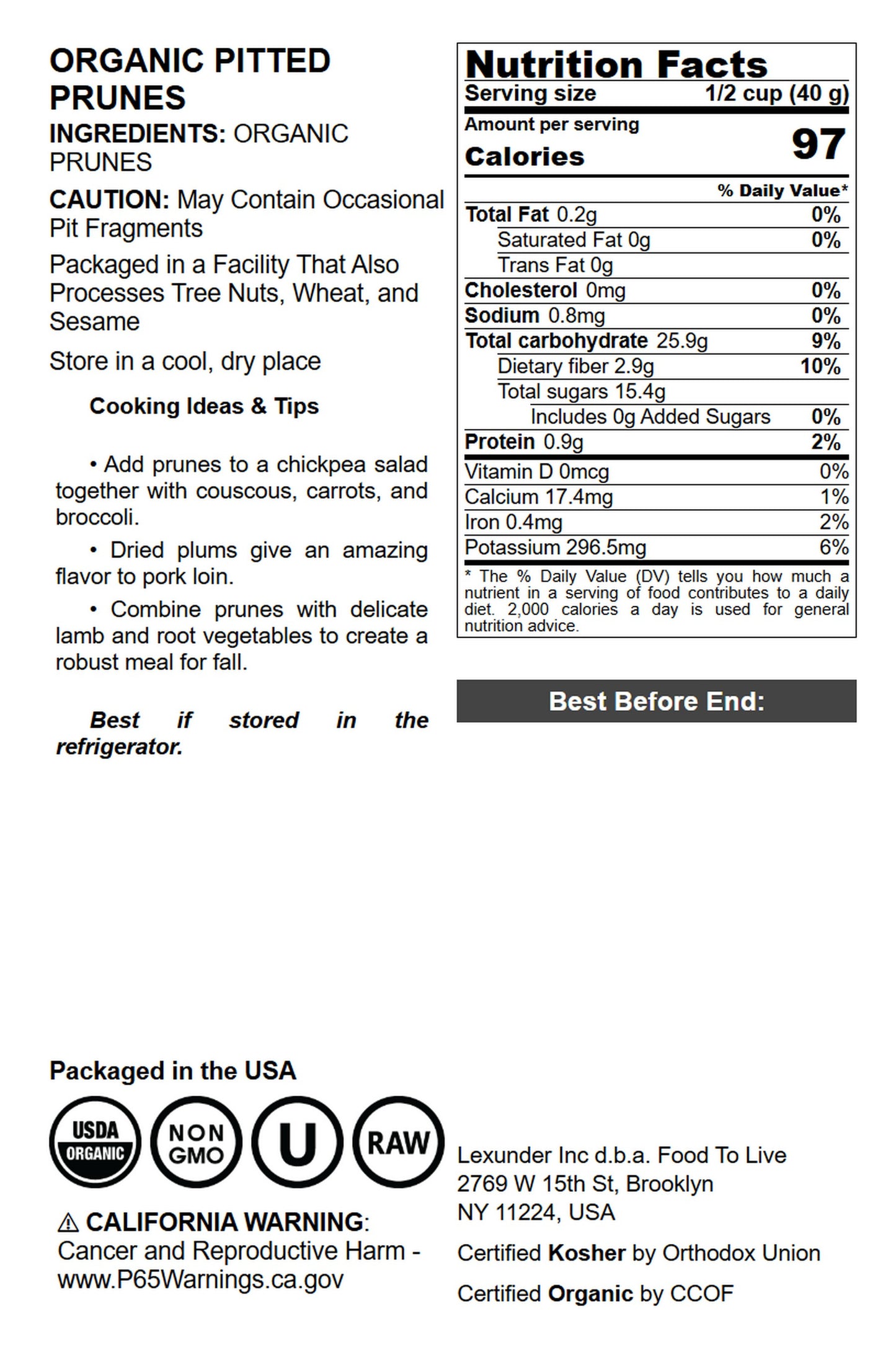 Organic Pitted Prunes - by Food To Live