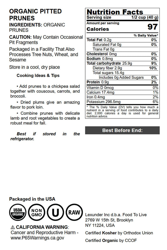Organic Pitted Prunes — Dried California Plums, Non-GMO, Kosher, Unsulfured, Unsweetened, Bulk - by Food to Live