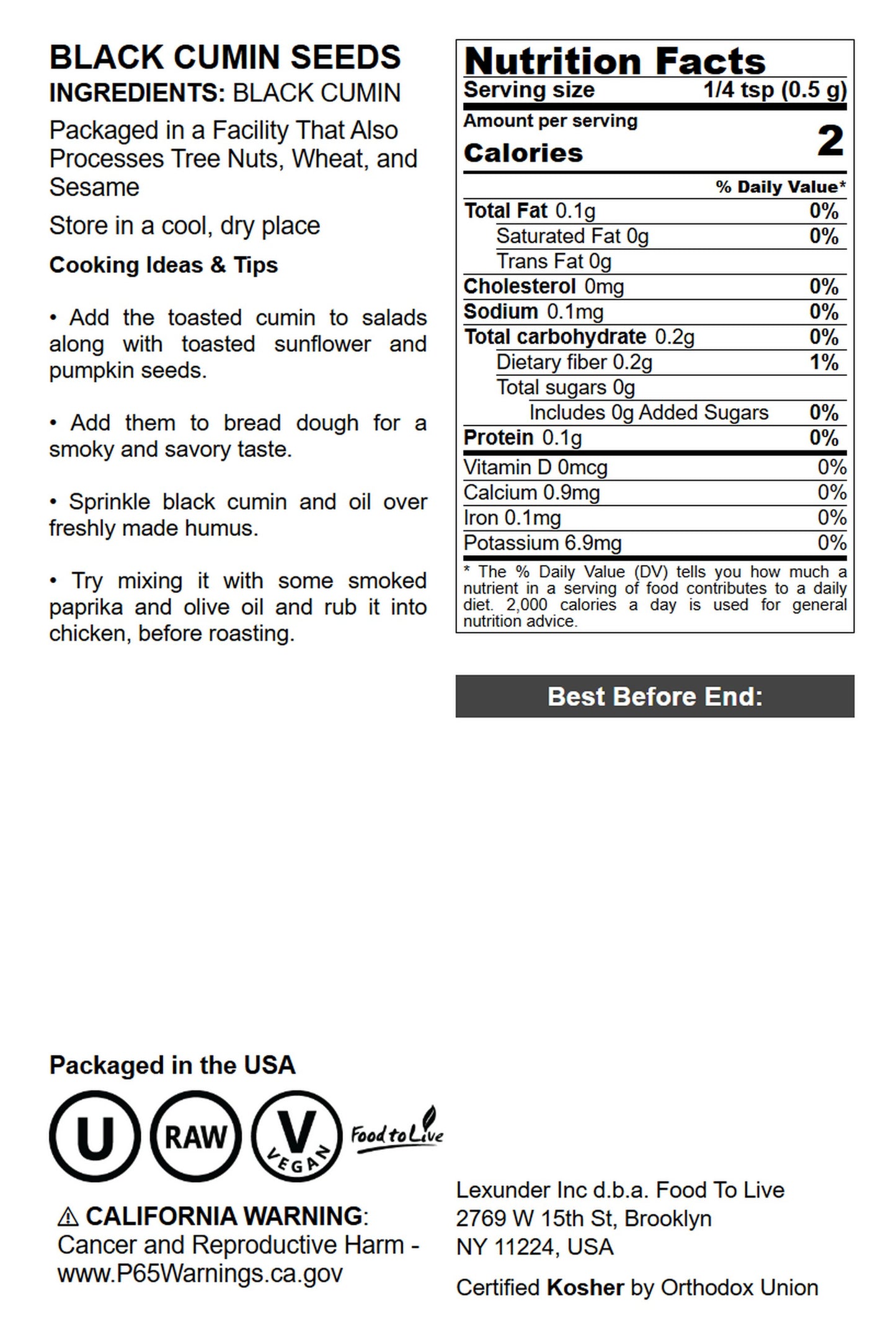 Black Cumin Seeds — Non-GMO Verified, Whole Raw Black Caraway Seeds, Bulk Spice, Vegan. Pairs well with Vegetables, Middle Eastern and Indian Dishes