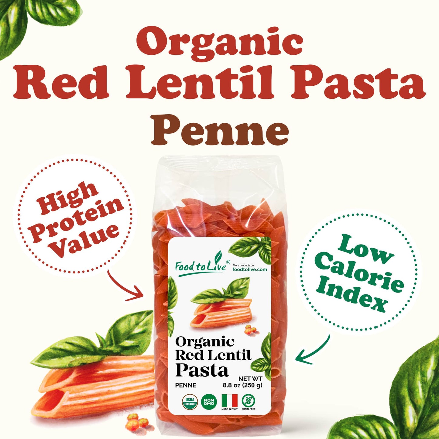 Organic Red Lentil Penne Pasta, 8.8 OZ – Non-GMO, Single Ingredient.  Vegan. Made in Italy.