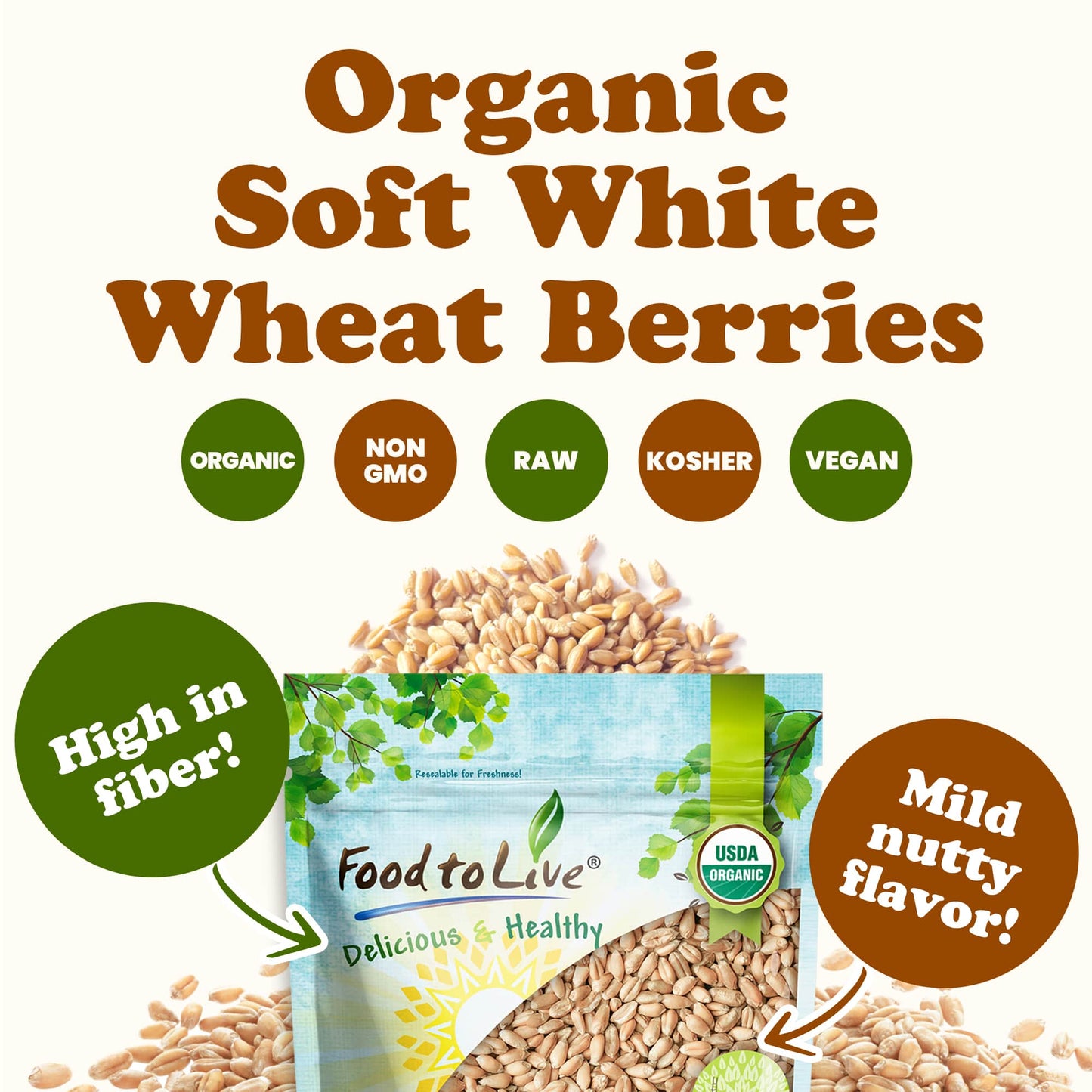 Organic Soft White Wheat Berries  – Premium Non-GMO Whole Grain Wheat for Milling, Sprouting, Cooking, and Baking Bread. High in Fiber and Protein. Kosher Seeds in Bulk