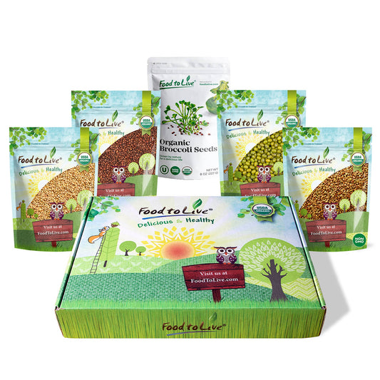 Organic Sprouting Seeds in a Gift Box - Broccoli Seeds, Alfalfa Seeds, Radish Seeds, Mung Beans, Clover Seeds - by Food to Live