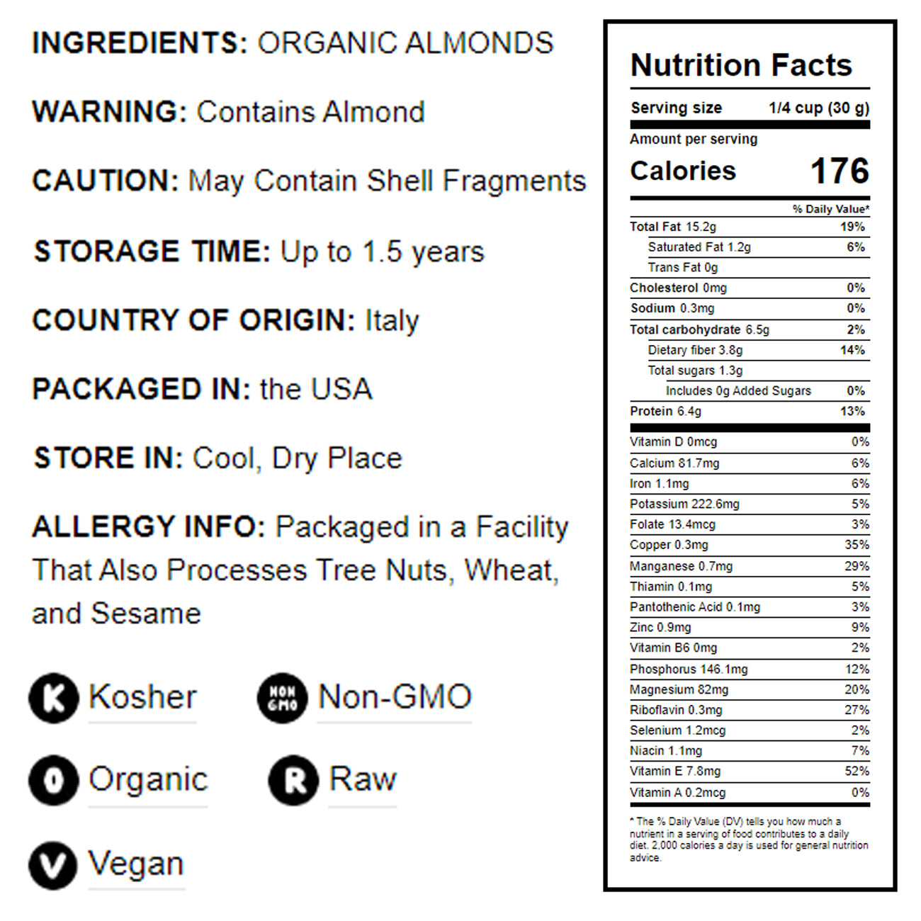 Organic Almonds — Non-GMO, Kosher, No Shell, Whole, Unpasteurized, Unsalted, Raw, Vegan — by Food to Live