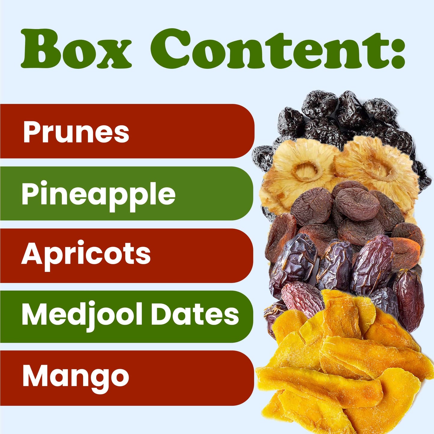 Organic Dried Fruits in a Gift Box - A Variety Pack of Prunes, Apricots, Dates, Pineapples, and Mangoes - by Food to Live