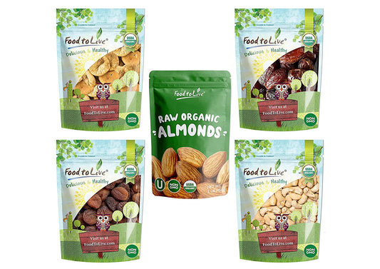 Organic Dried Nuts & Fruits in a Gift Box - A Variety Pack of Almonds, Cashews, Apricots, Dates, and Figs - by Food to Live