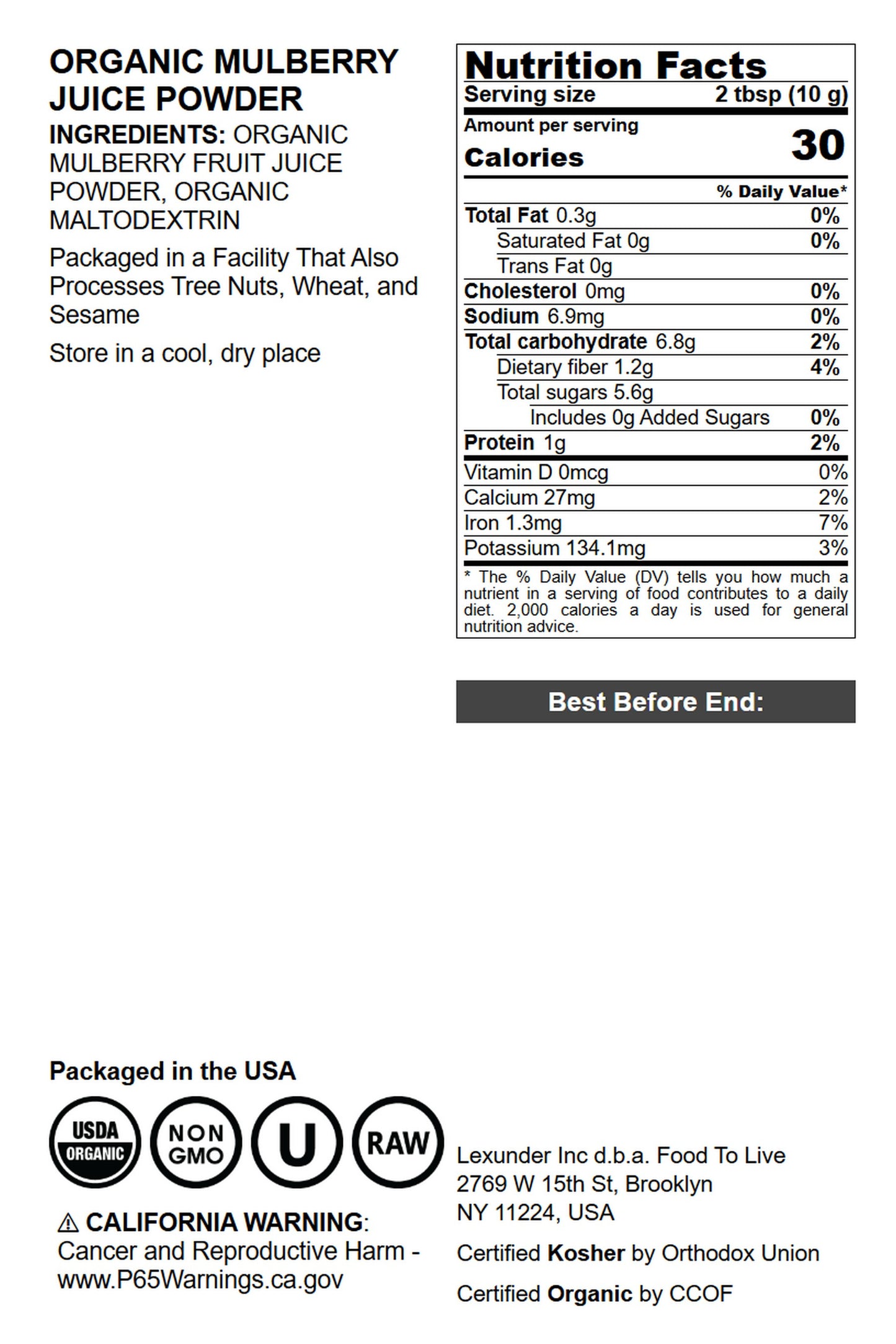 Organic Mulberry Powder - by Food To Live