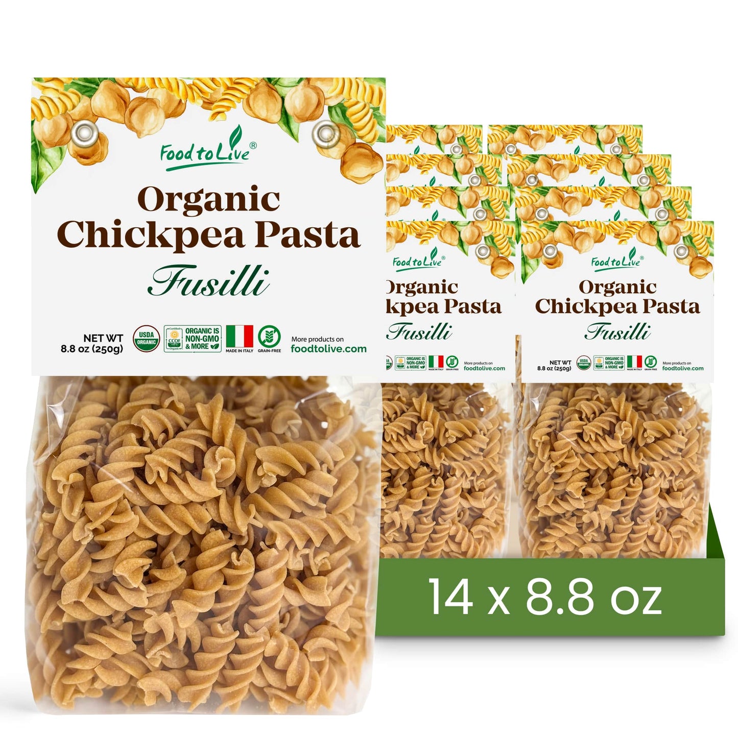 Organic Chickpea Fusilli Pasta, 8.8 oz – Non-GMO, Single Ingredient. No Additives. No Major Allergens. Good Source of Plant Based Protein and Fiber. Kosher. Vegan. Low Glycemic Index. Made in Italy