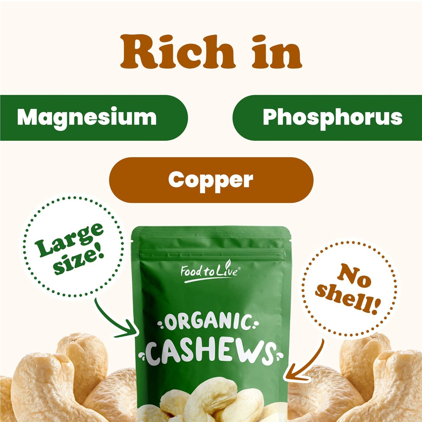 Organic Cashews - Whole, Size W-240, Unsalted, Non-GMO, Kosher, Raw, Vegan, Bulk - by Food to Live