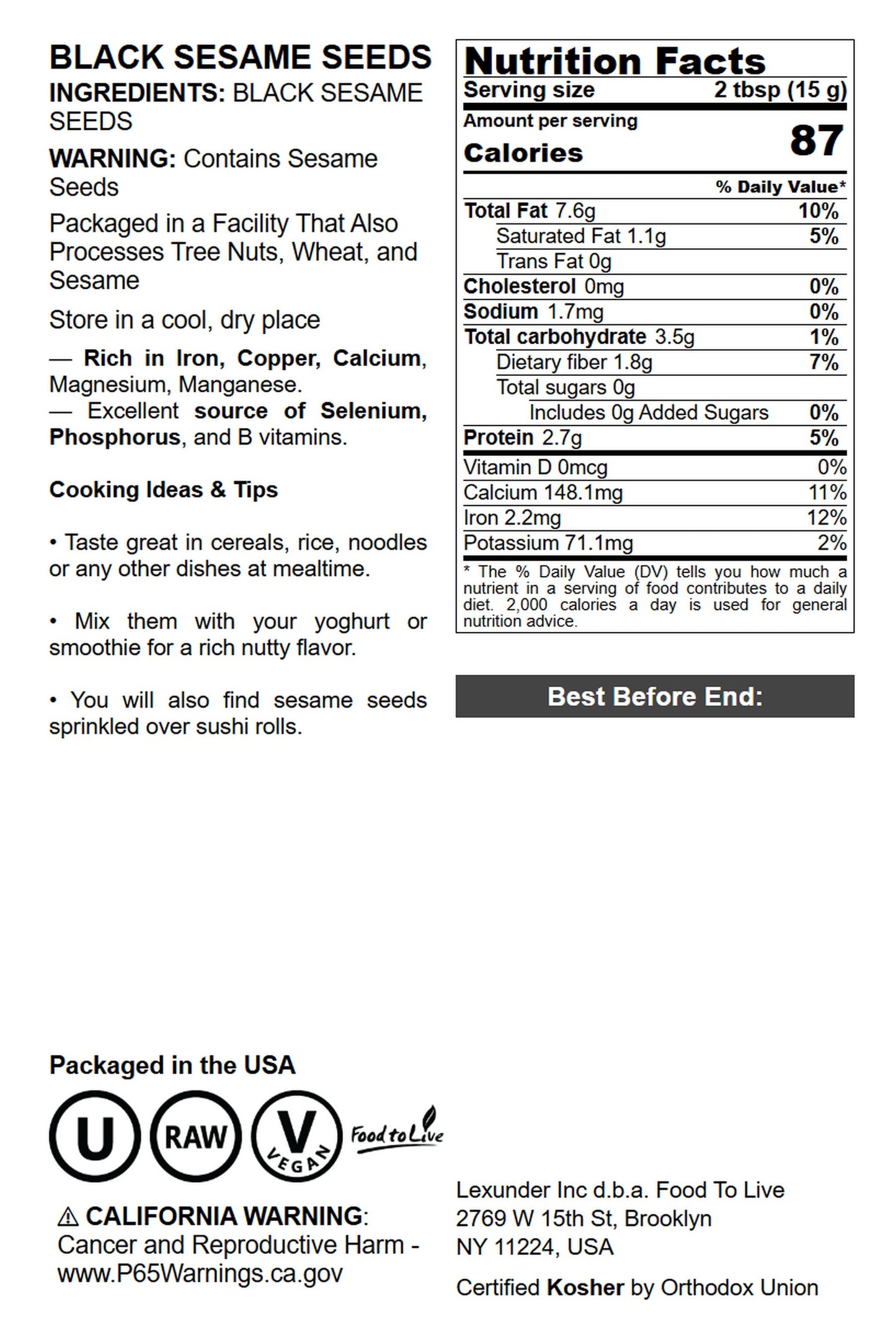 Black Sesame Seeds - Raw, Unhulled, Kosher, Vegan, Bulk, Kala Til - by Food to Live