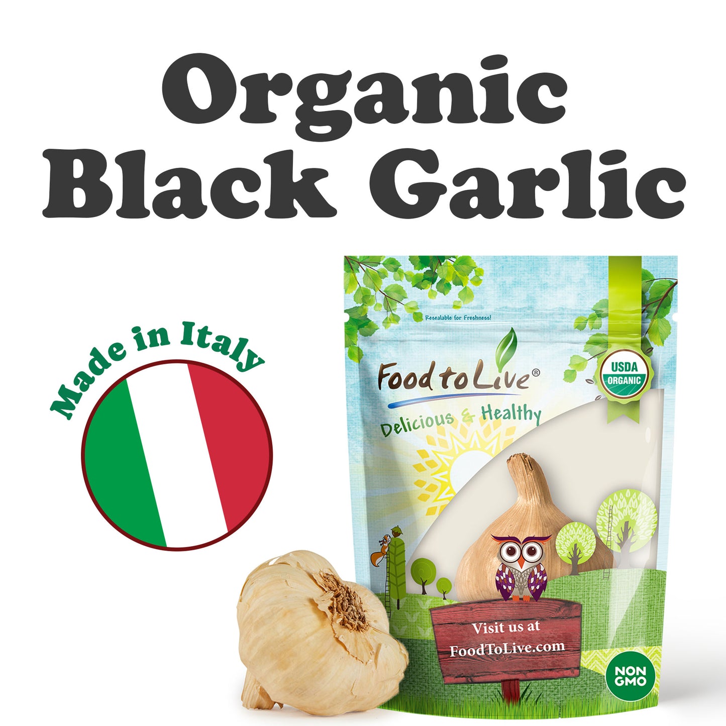 Organic Black Garlic, 30 g - Whole Bulb Produced by Natural Fermentation - by Food to Live