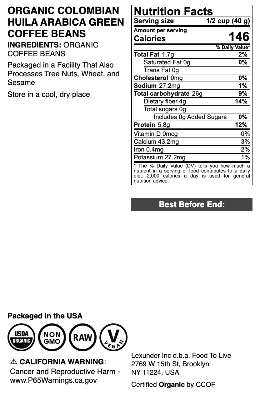 Organic Colombian Huila Arabica Green Coffee Beans - by Food to Live