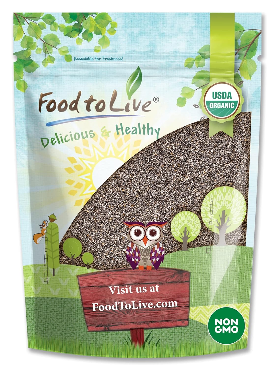 Organic Chia Seeds — Black, Vegan, Kosher, Non-GMO, Great for Smoothies, Sirtfood — by Food to Live