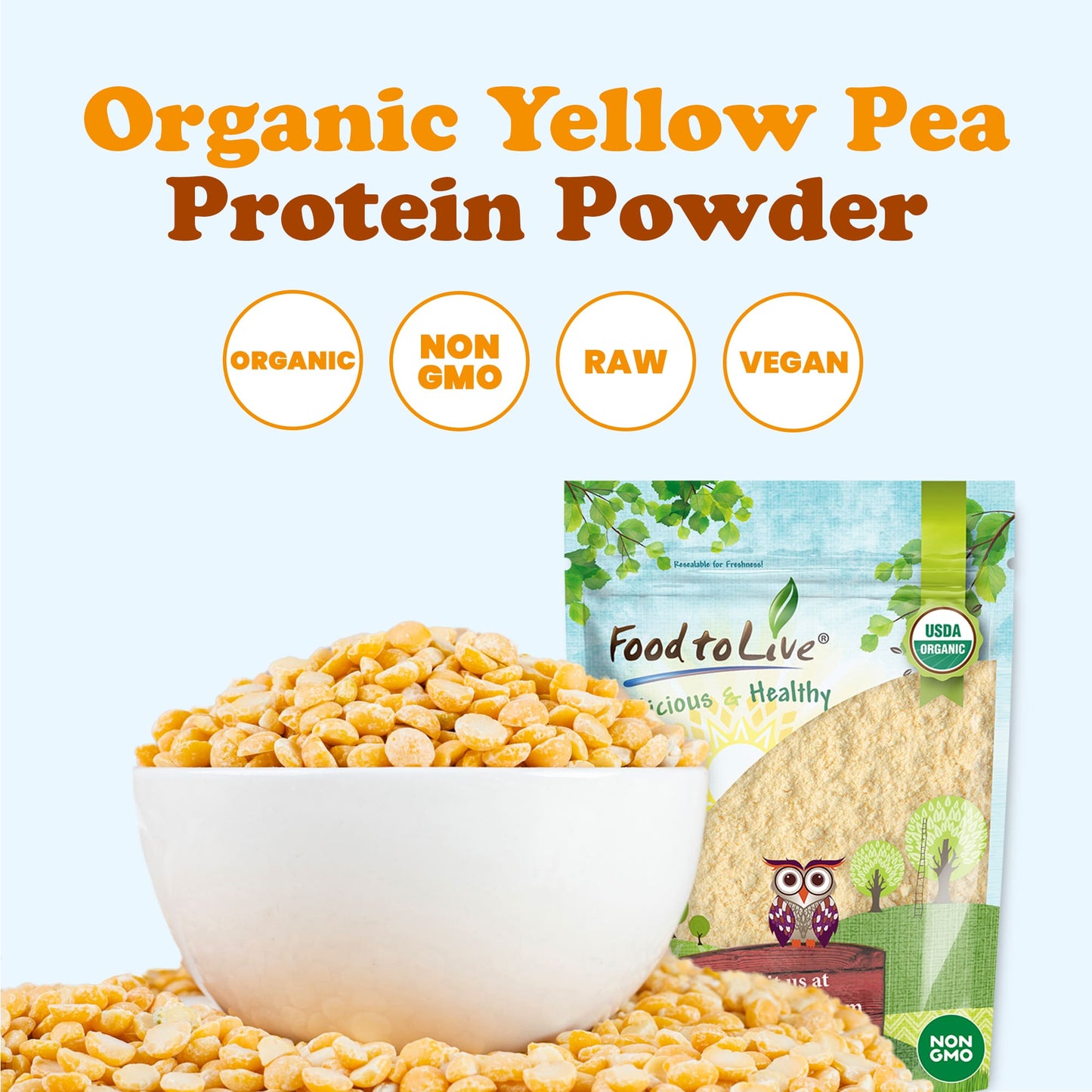 Organic Pea Protein Powder – Made from Non-GMO Yellow Peas, 80% Protein, Keto, Paleo, Vegan, Kosher, Raw, Unflavored, Unsweetened, Non-Irradiated. Bulk. Great for Baking and Smoothies
