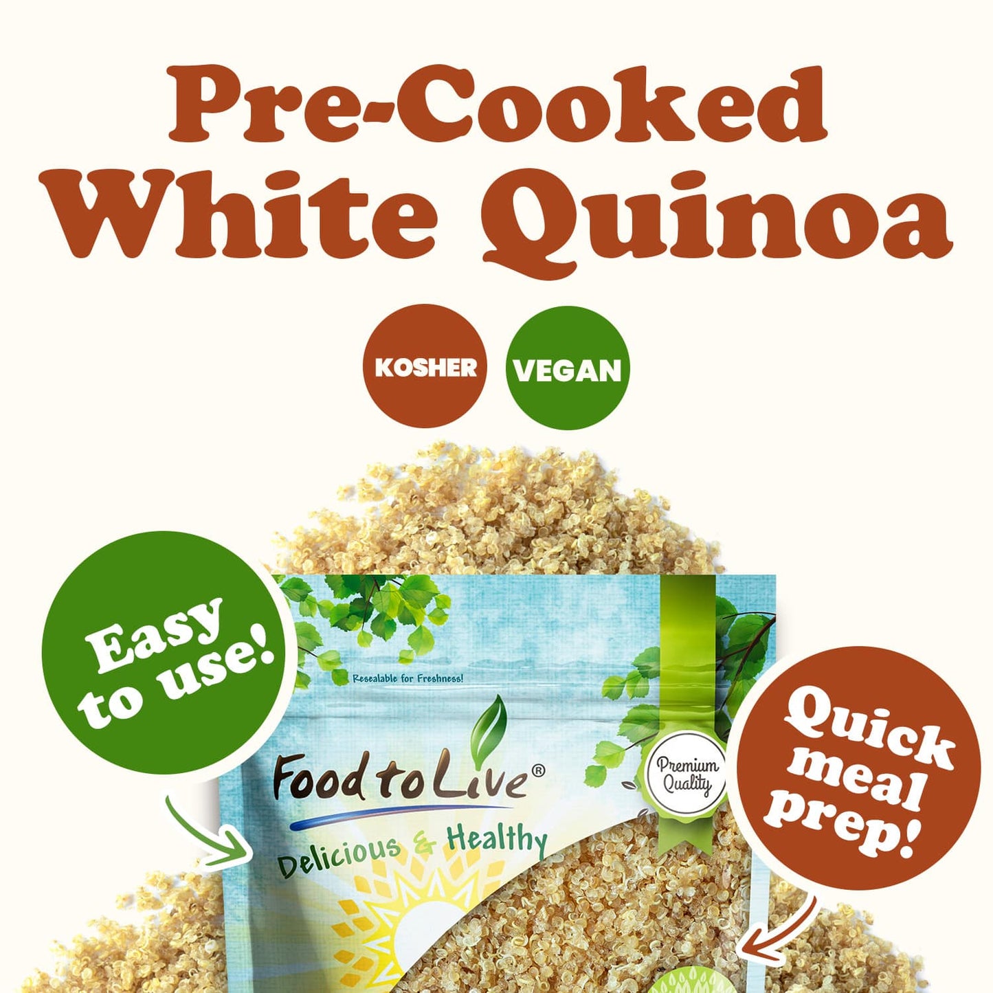 Pre-Cooked White Quinoa – Cooked and then Dehydrated. Add Hot Water and Wait 5-10 Minutes Before Consumption. High in Healthy Fats, Protein, Fiber. Vegan, Kosher, Bulk