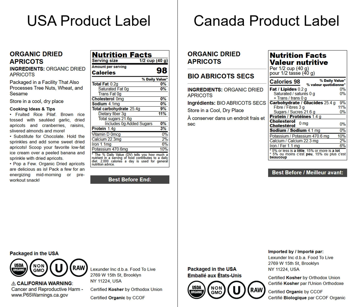 Organic Dried Apricots - Non-GMO, Kosher, Unsulfured, Raw, Vegan, Bulk - by Food to Live