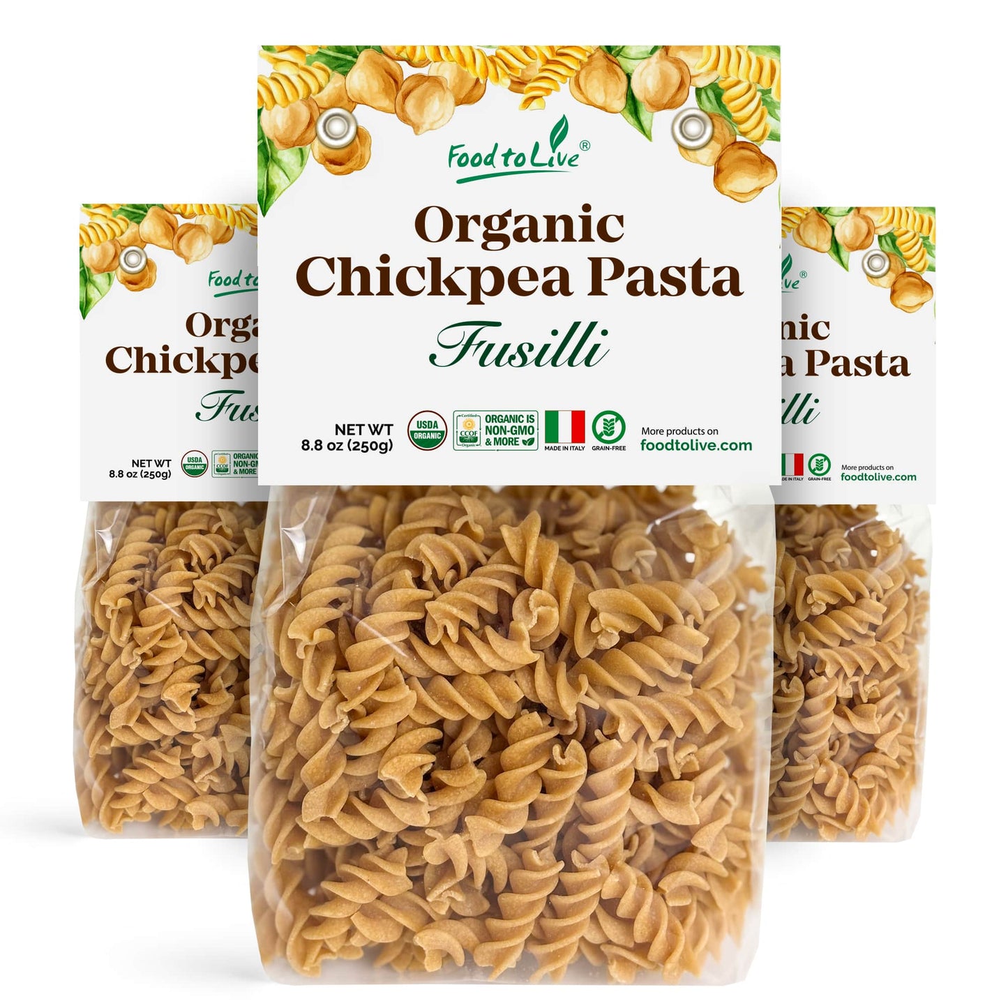 Organic Chickpea Fusilli Pasta, 8.8 oz – Non-GMO, Single Ingredient. No Additives. No Major Allergens. Good Source of Plant Based Protein and Fiber. Kosher. Vegan. Low Glycemic Index. Made in Italy