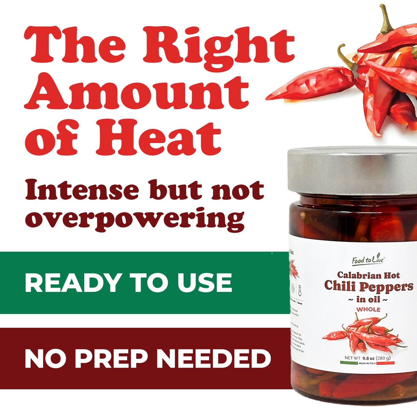 Whole Long Calabrian Hot Chili Peppers in Oil, 280 g - Spicy and Savory