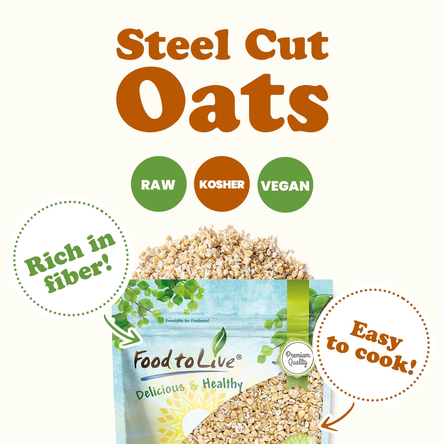 Steel Cut Oats – 100% Whole Grain Irish Oats, Quick and Easy Cooking Oatmeal, Hearty and Nutritious Cereal, High in Fiber and Protein, Raw, Unprocessed, Vegan, Kosher, Bulk