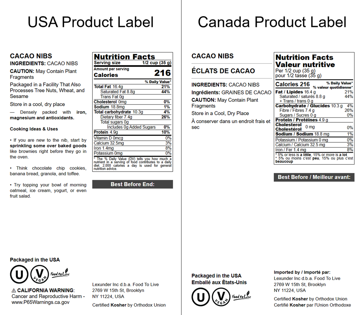 Cacao Nibs - Raw, Unsweetened, Kosher, Vegan, Keto and Paleo Friendly, Cacao BIts for Chocolate, Sirtfood, Bulk - by Food to Live