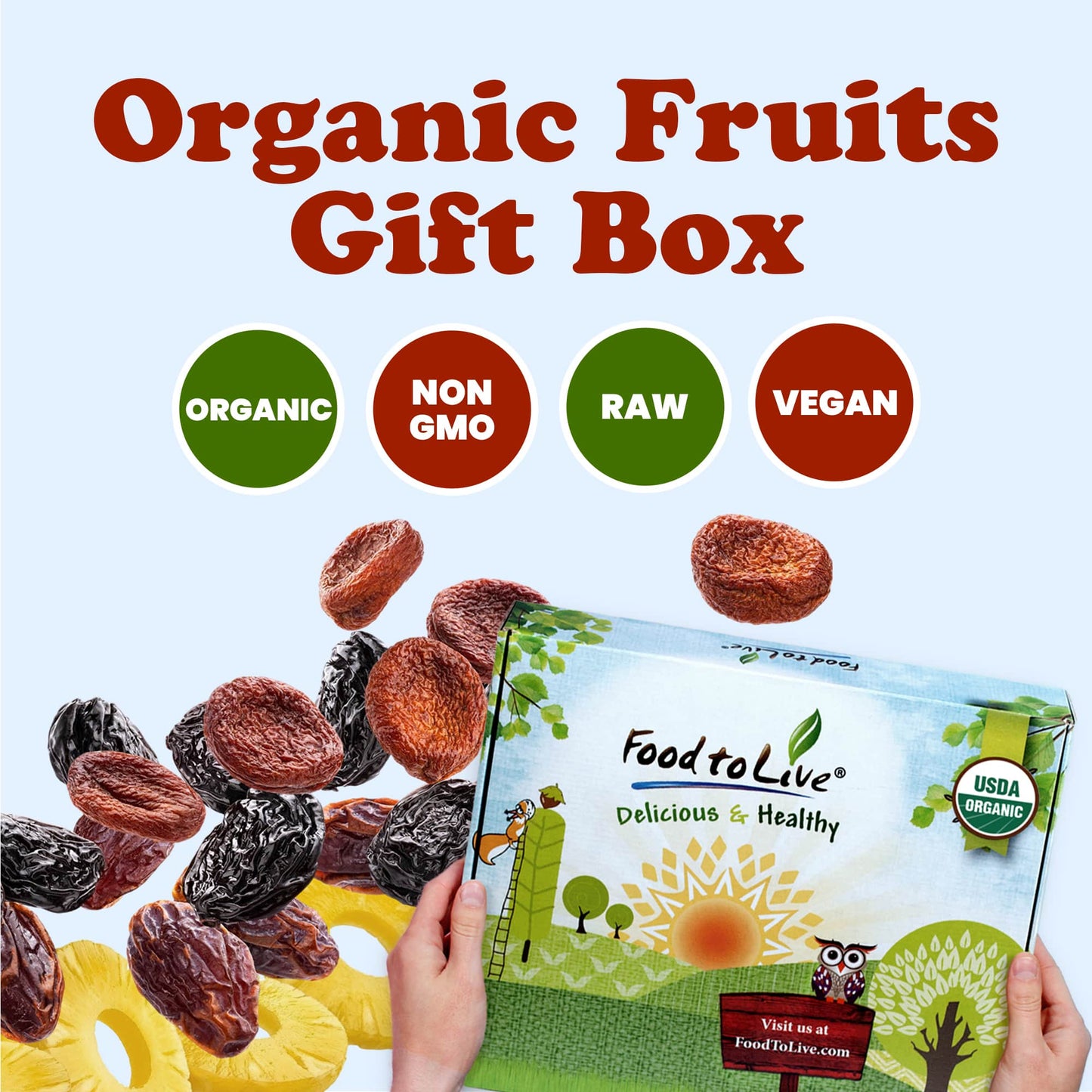 Organic Dried Fruits in a Gift Box - A Variety Pack of Prunes, Apricots, Dates, Pineapples, and Mangoes - by Food to Live