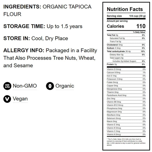 Organic Tapioca Flour – Non-GMO Finely Ground Tapioca Starch. Wheat and Rice Flour Substitute. All Purpose Thickening Agent for Baking, Sauces & Gravies. Vegan, Kosher, Bulk Powder