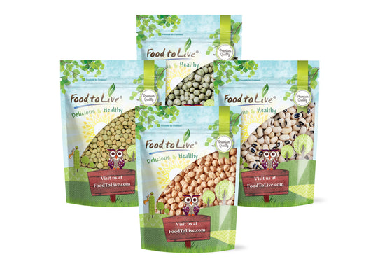 Premium Pulses Bundle, 4 Pack – Chickpeas (5 LB), Whole Green Peas (5 LB), Green Lentils (5 LB), Black-eyed Peas (5 LB), Dried Garbanzo Beans and Legumes, Bulk, Kosher, Rich in Fiber and Protein