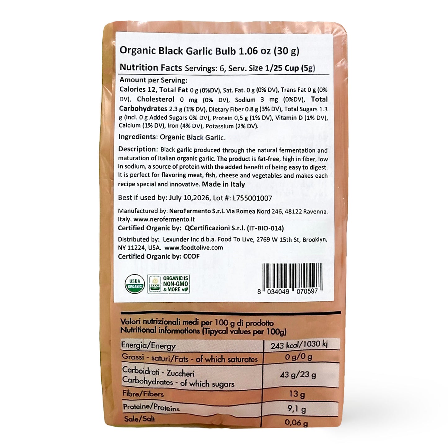 Nero Fermento Organic Black Garlic, 30gr – Whole Bulb Produced by Natural Fermentation