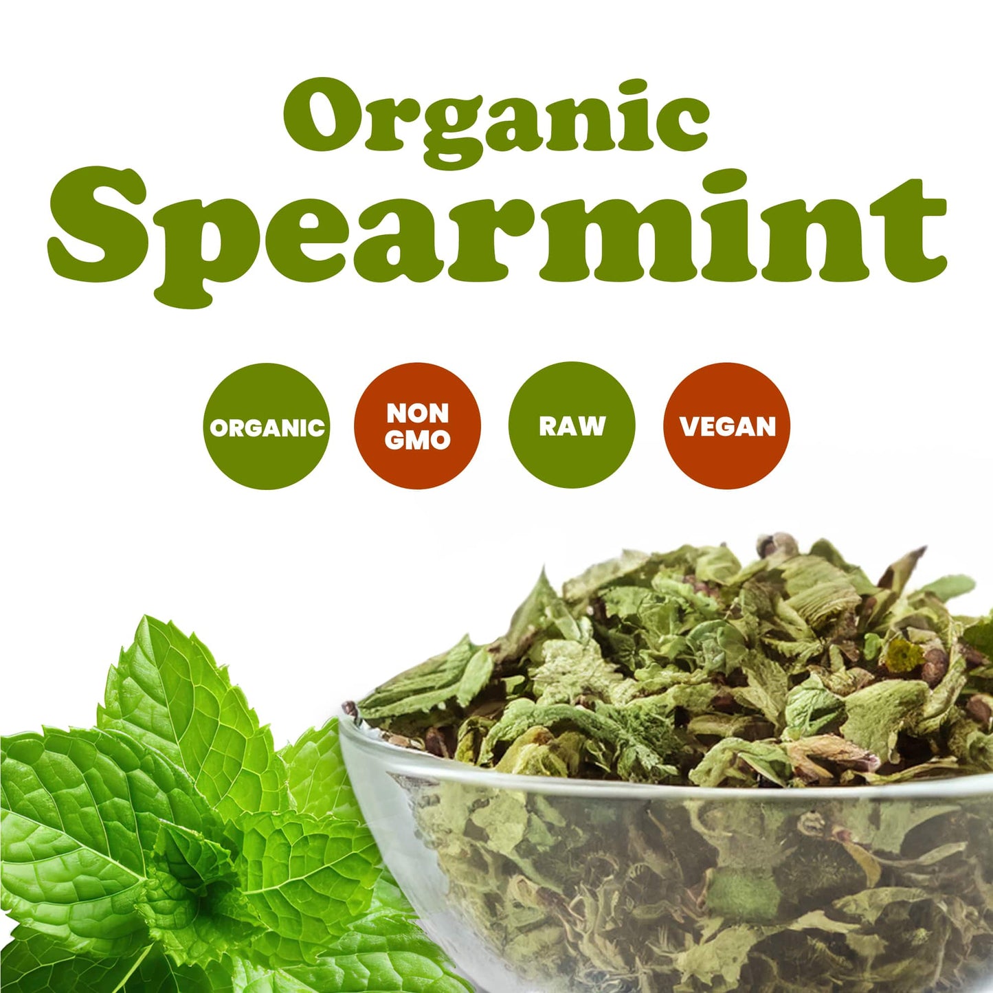 Organic Spearmint Leaves — Dried, Cut & Sifted. Great for Herbal Tea. Non-GMO. Caffeine-free. Non Irradiated. Good Source of Vitamin C. Keto Friendly. Kosher Mint Leaf in Bulk