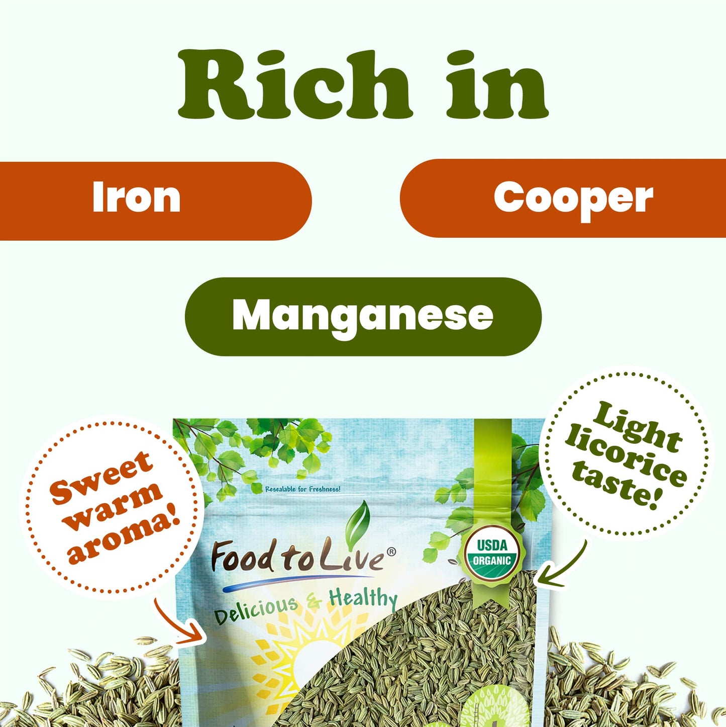 Organic Fennel Seeds - Whole, Non-GMO Spice, Non-Irradiated, Vegan, Dry, Bulk, High in Dietary Fiber - by Food to Live