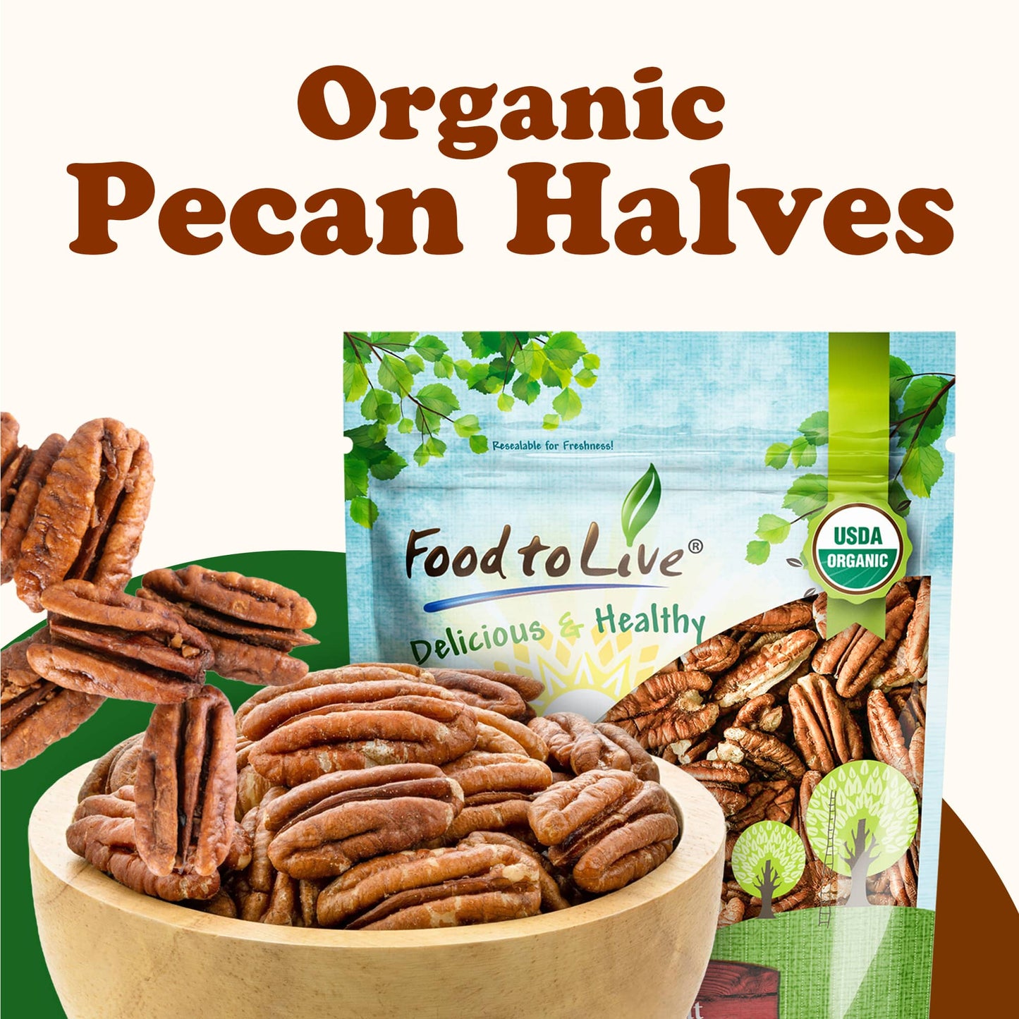 Organic Pecans - Non-GMO, Kosher, Raw, Vegan, No Shell - by Food to Live